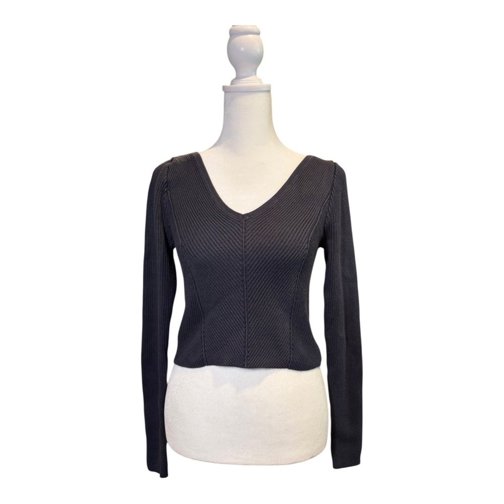 Beverly and Beck Womens Ribbed‎ V-Neck Knit Sweater Charcoal Grey Small